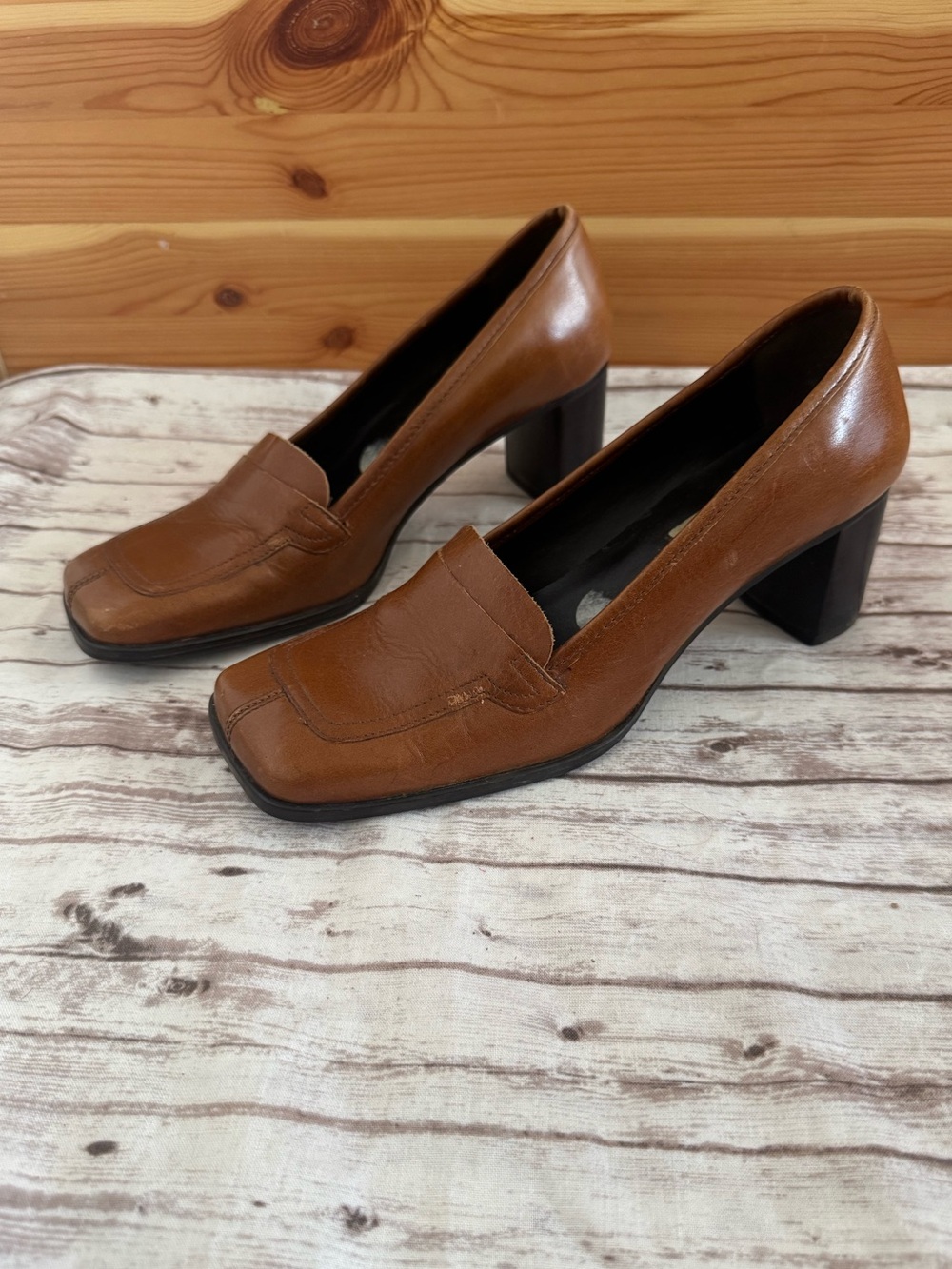 DKNY Brown Leather Square-Toe Block Heel Pumps